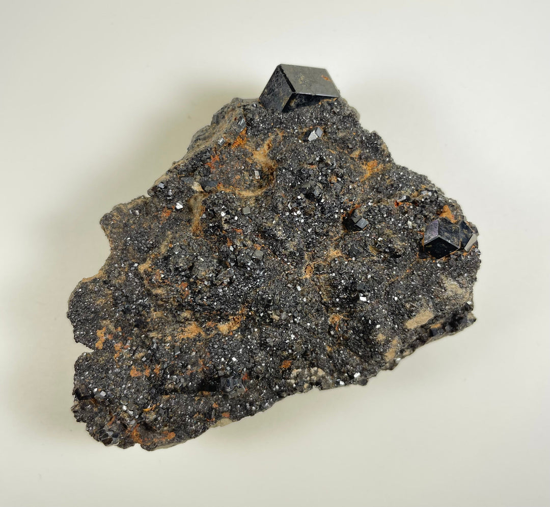 Large dark gray mineral specimen with scattered black crystal cubes