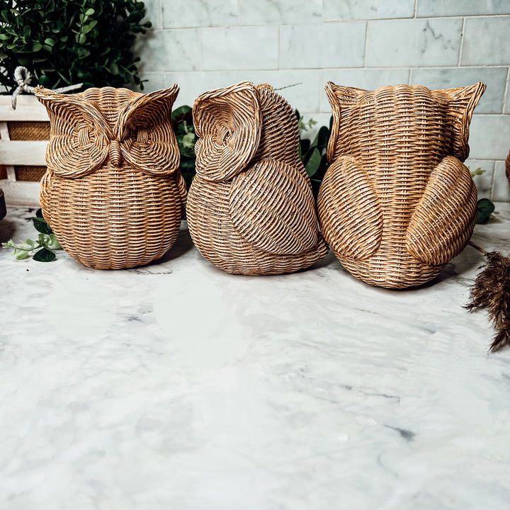Three rustic owl figurine bookends with basket-weave swirl textured bodies