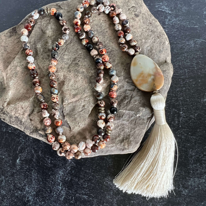 Rooted Strength Meditation Mala – 108 Beads of Ancient Agate & Amazonite