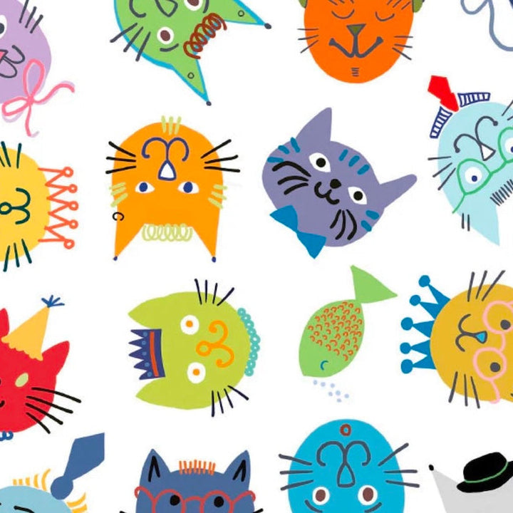 Bowl cover set fabric pattern: playful cats and fish on white with bright accents