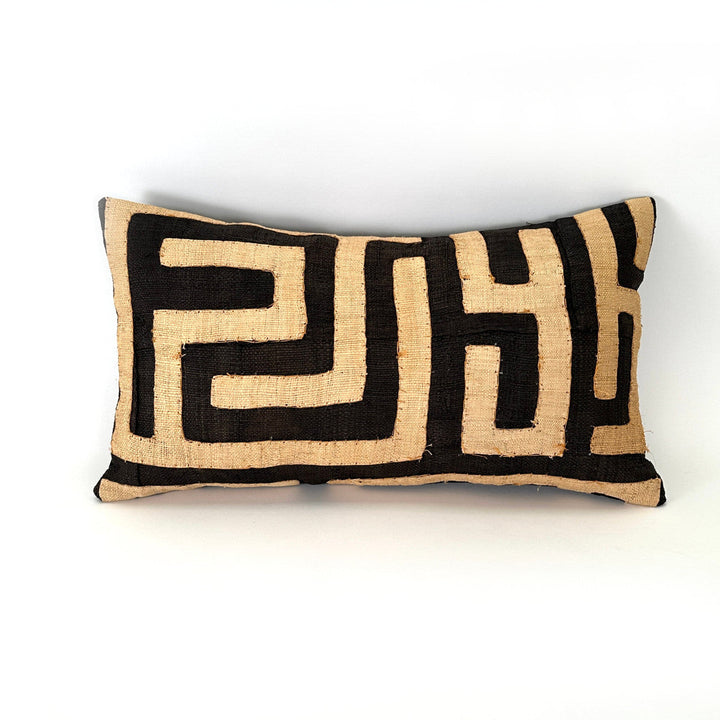 Rectangular Kuba cloth pillow cover with black and tan geometric pattern