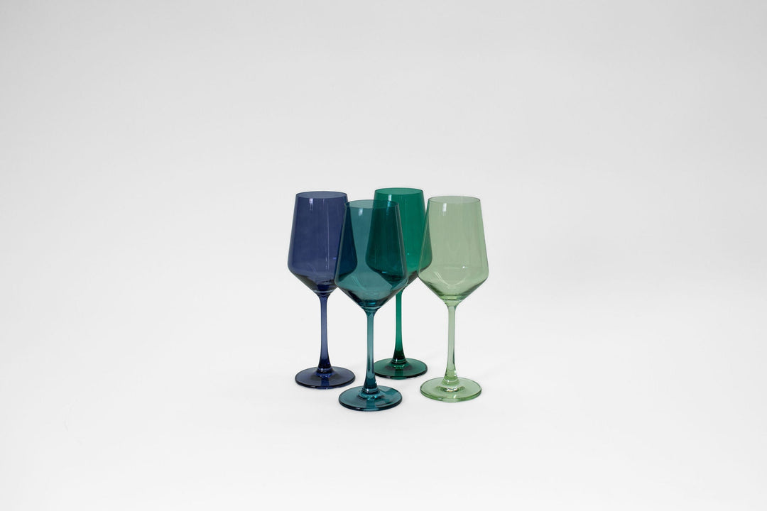 Set of 4 stemmed colored wine glasses, clustered view with navy, teal, and light green.