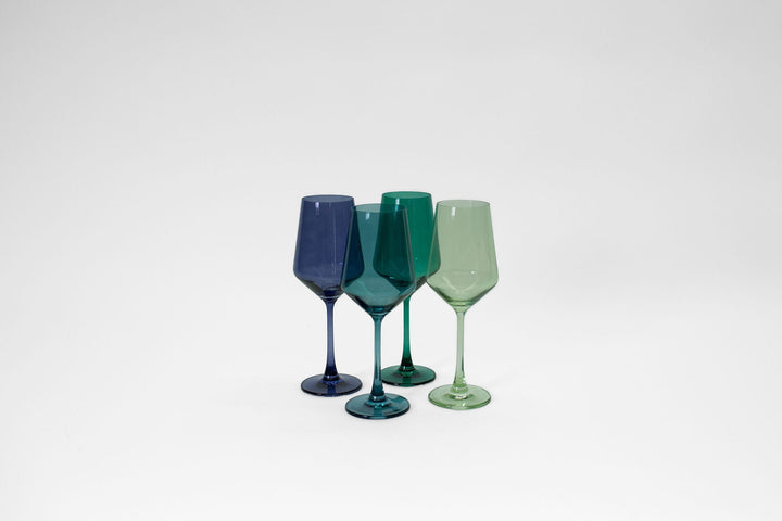 Set of 4 stemmed colored wine glasses, clustered view with navy, teal, and light green.