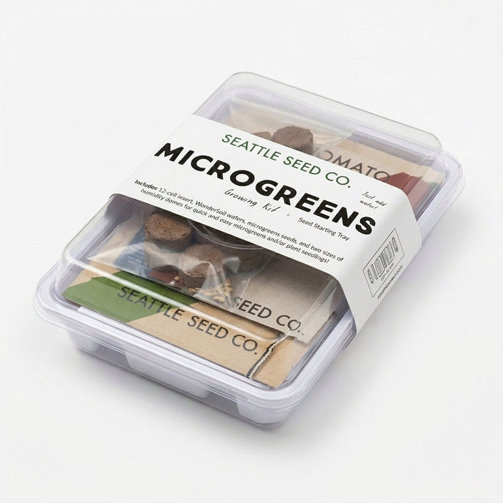 Microgreens seed-starting kit with labeled seed pack in clear plastic tray