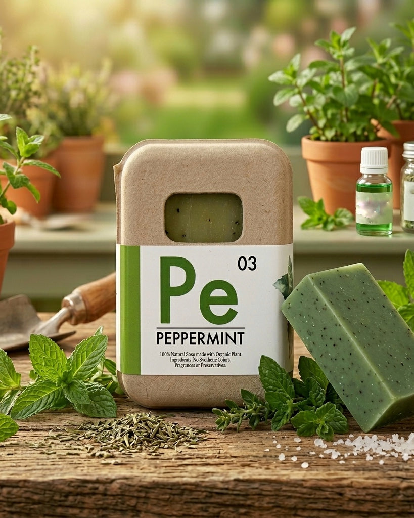 Organic peppermint leaf soap in cardboard sleeve with small green bar and mint leaves