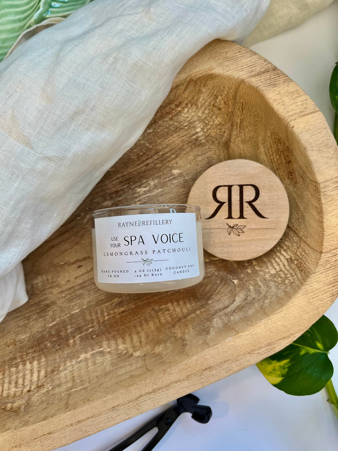 White soy candle jar with Spa Voice label, Lemongrass & Patchouli