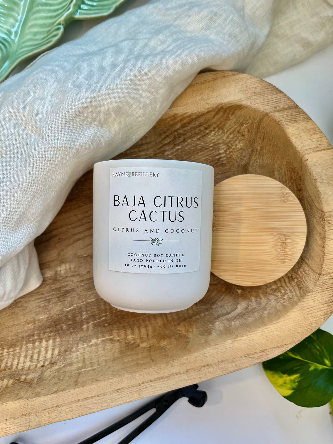 Luxury coconut soy candle with BAJA CITRUS CACTUS label on white jar