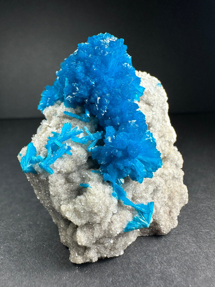 Blue cavansite and white stilbite on gray matrix mineral cluster specimen