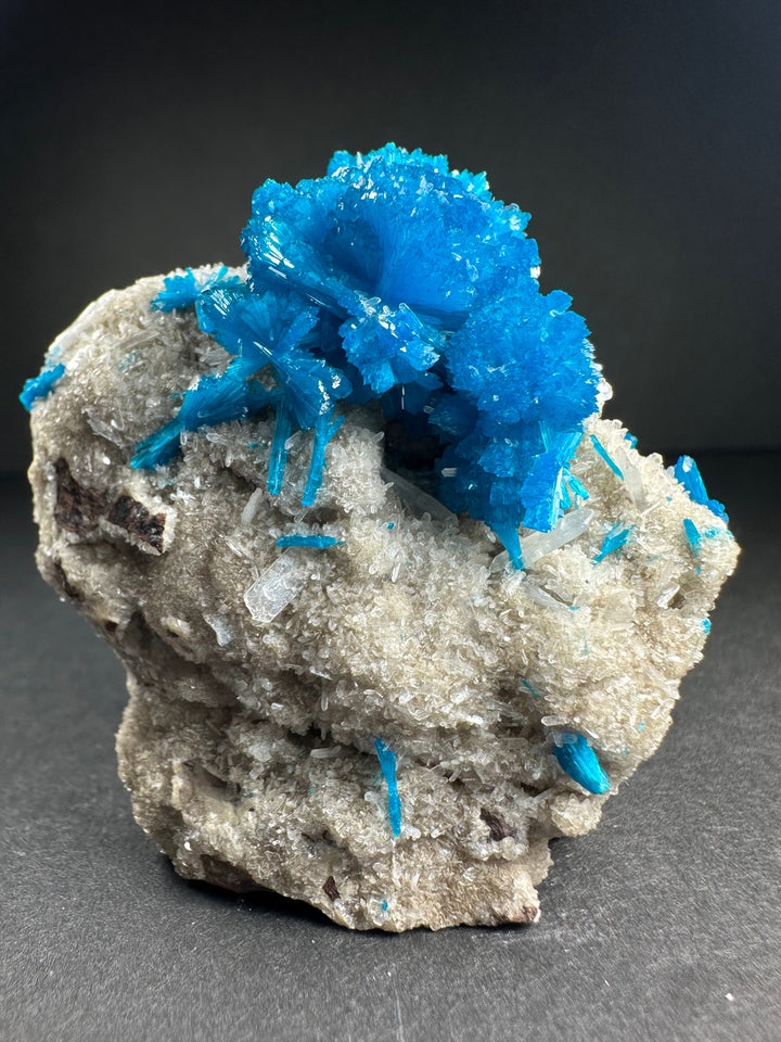 Blue cavansite crystals on off-white stilbite with gray matrix base