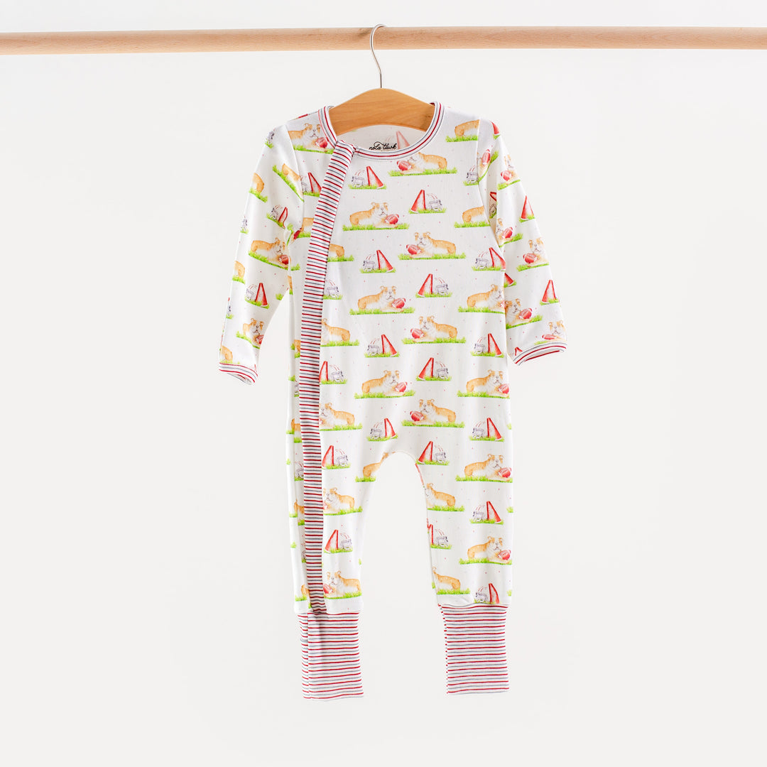 Kids long pajama set with all-over novelty print and red striped cuffs and hem