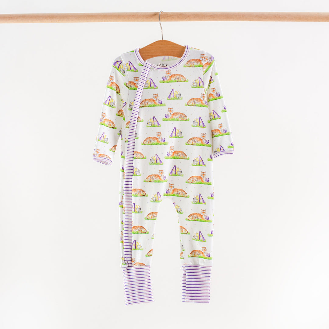 Kids pajama set, long sleeves and pants, white with multicolor icon print and purple striped cuffs