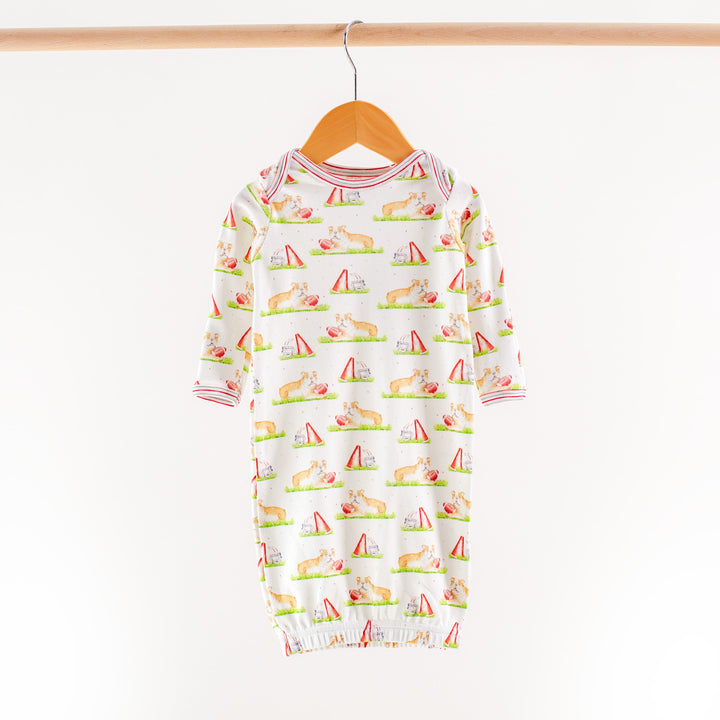 Kids long pajama top with colorful novelty print and red striped neckline cuffs
