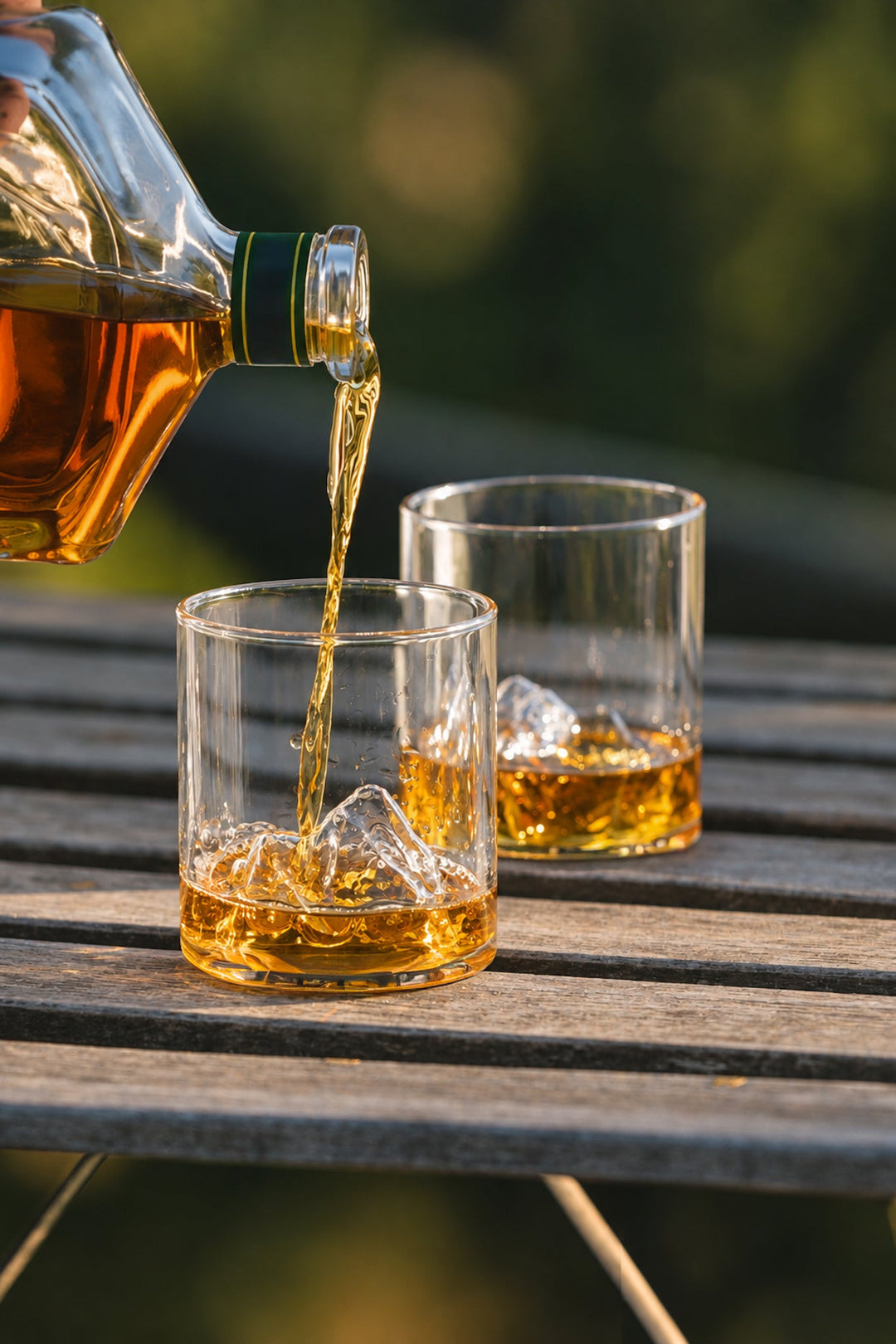 Clear whiskey tumbler with amber whiskey, ice, and mountain range pattern on glass