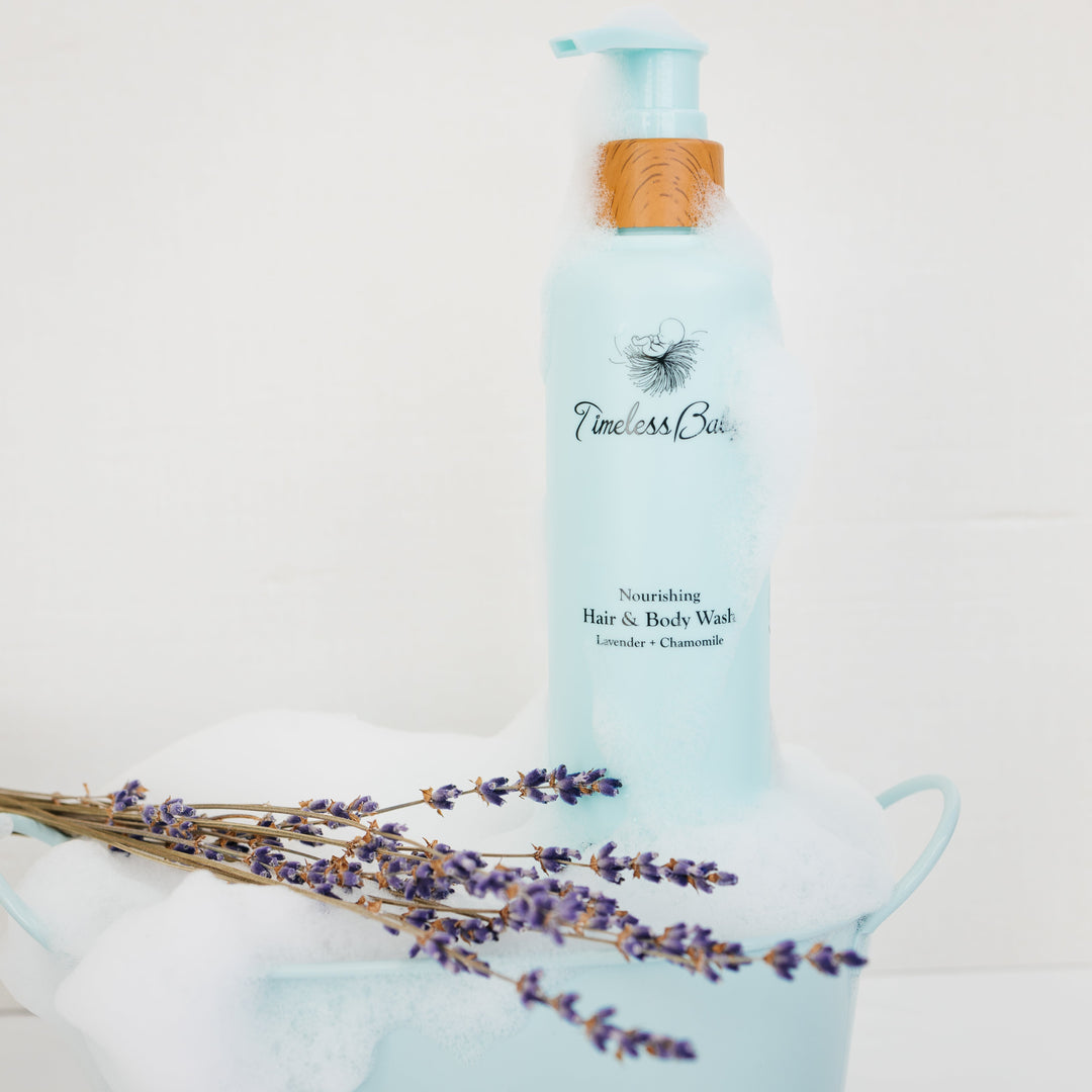 Mint pump hair and body wash bottle with wooden cap and dried lavender sprigs