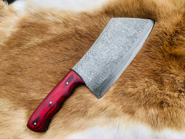 Damascus steel kitchen cleaver with red wooden handle