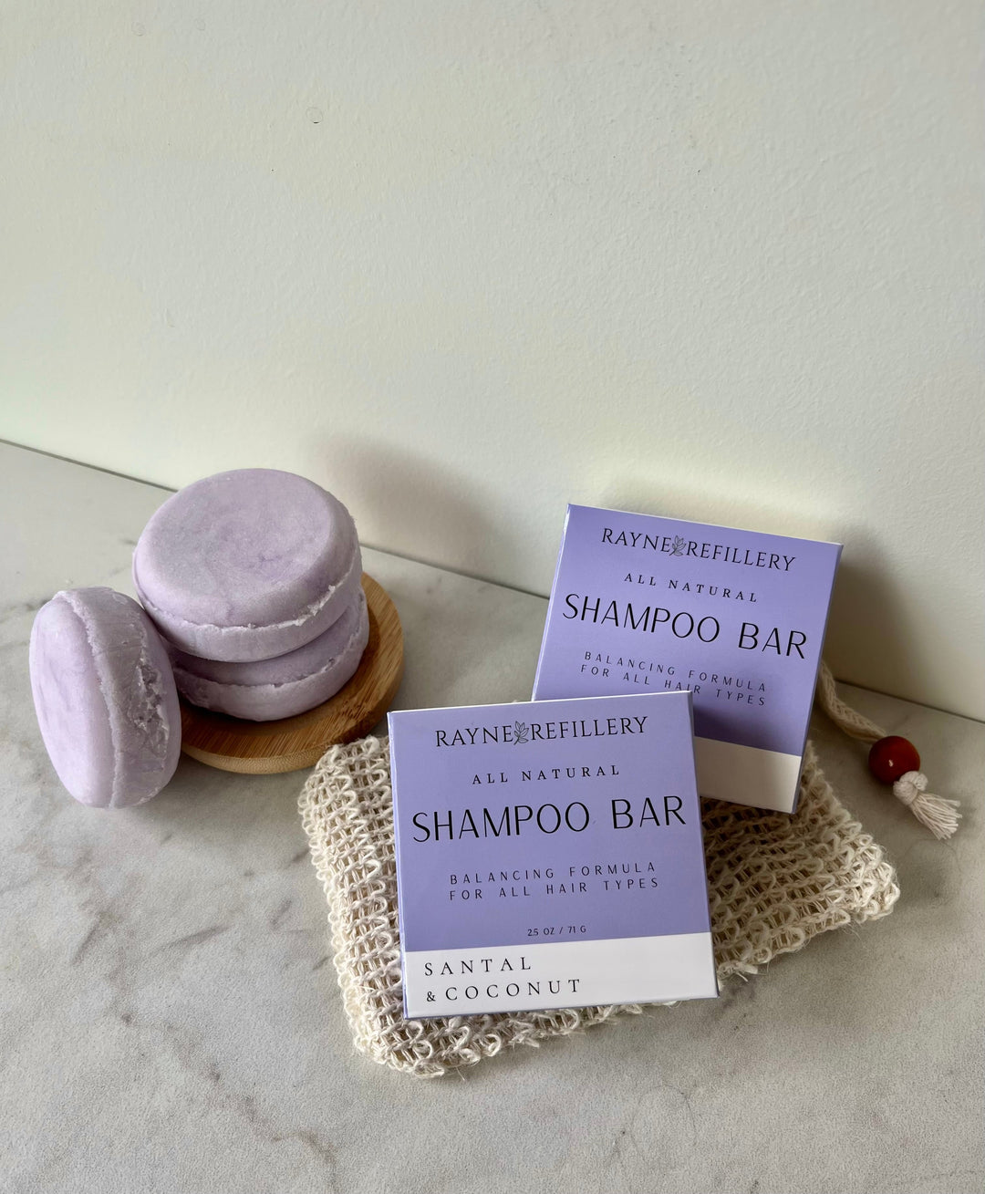 Solid shampoo bars with Santal & Coconut lavender bars and a matching box