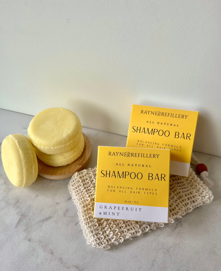 Solid shampoo bar with Grapefruit & Mint yellow bars and a matching box
