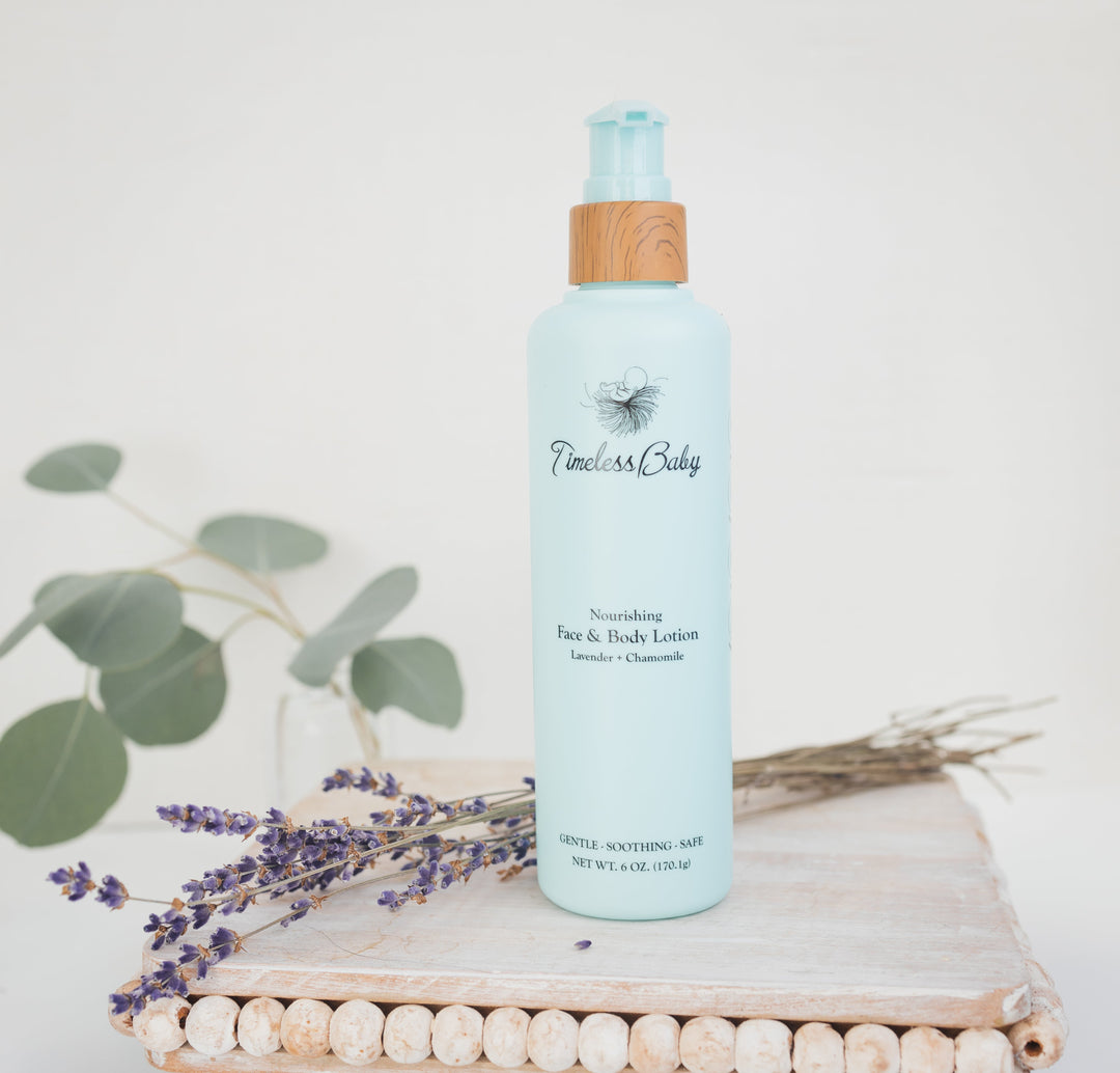 Light blue lotion bottle with pump and label for face and body, lavender chamomile
