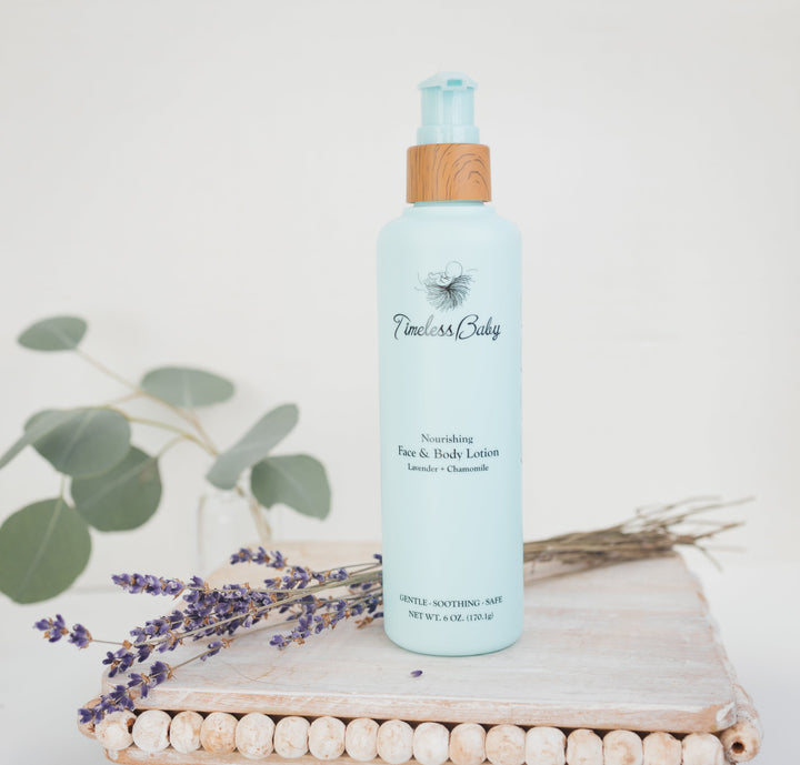 Light blue lotion bottle with pump and label for face and body, lavender chamomile