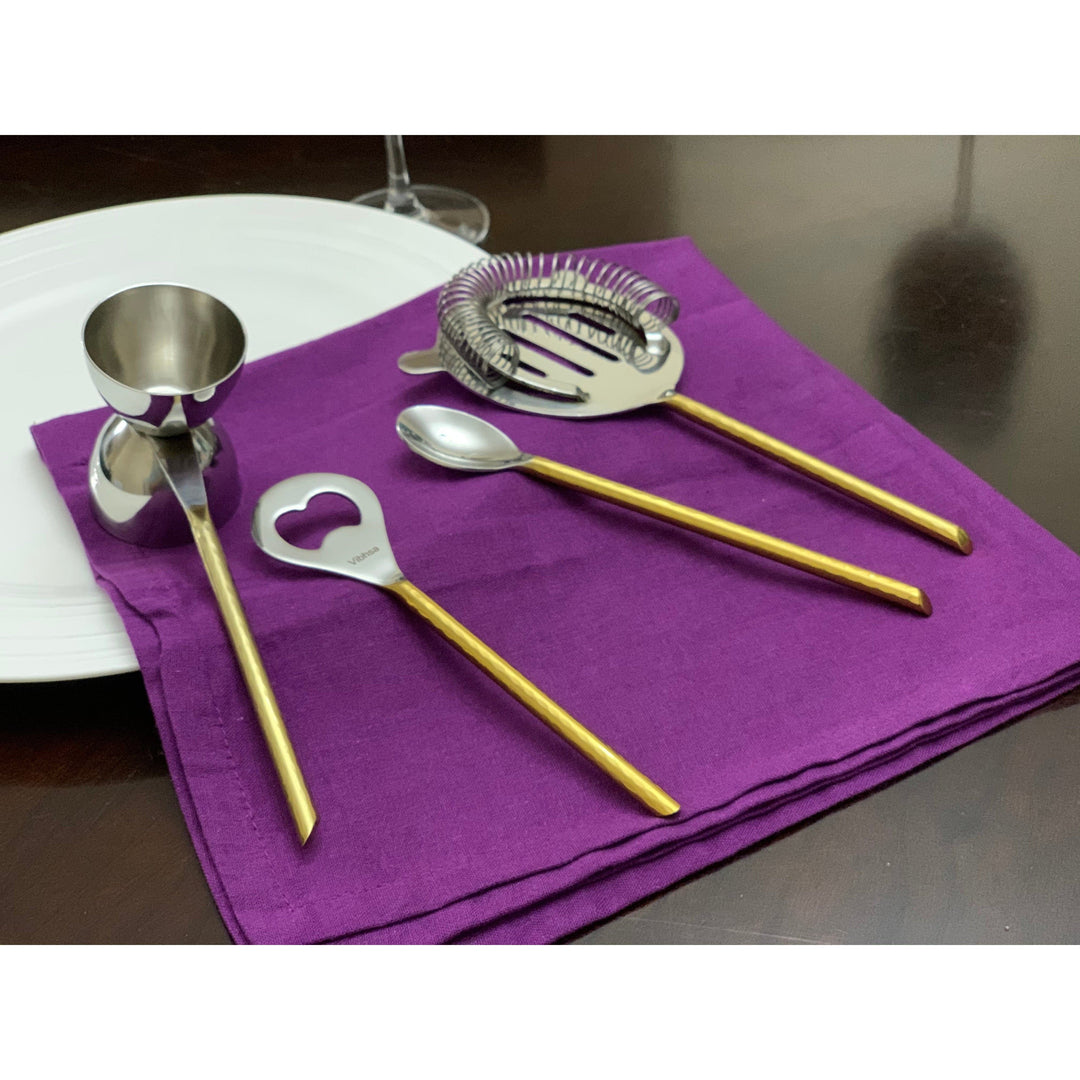 Vibhsa Hammered Stainless Steel Bar Tools Set — Gold PVD, 4‑Piece