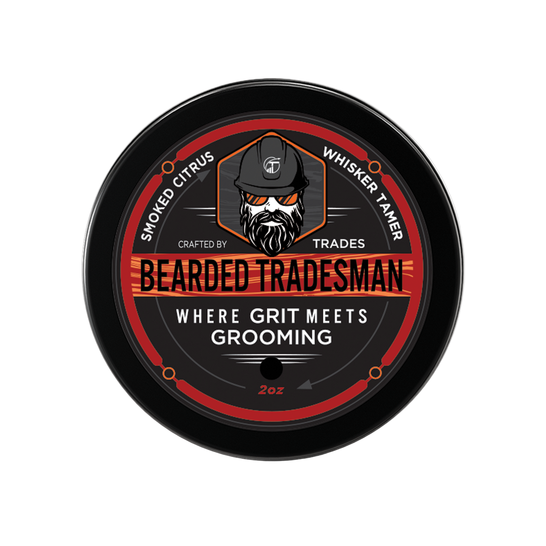 Bearded Tradesman beard whisker tamer balm tin with smoked citrus label