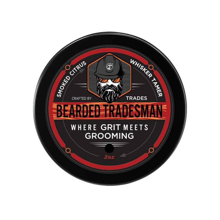 Bearded Tradesman beard whisker tamer balm tin with smoked citrus label