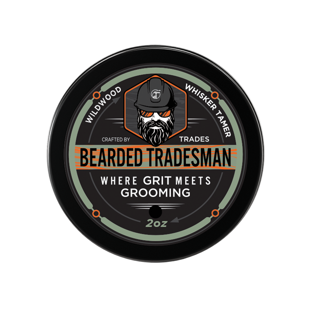 Bearded Tradesman whisker tamer balm tin front label, 2 oz