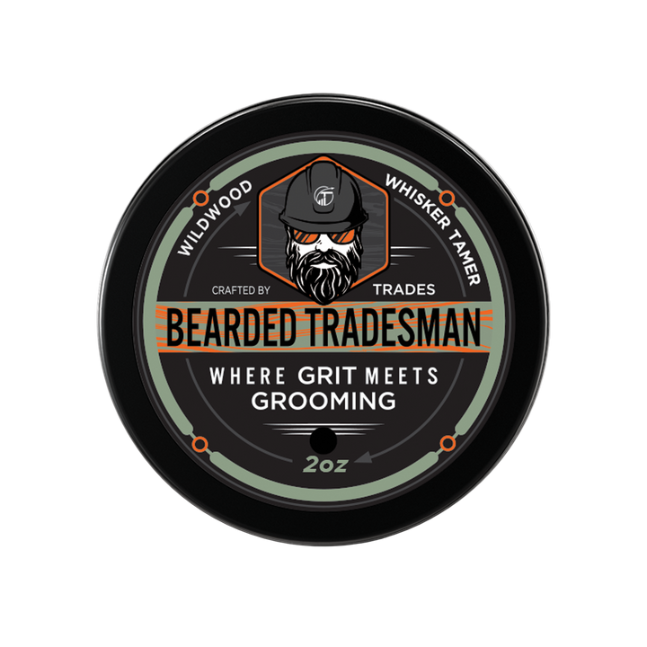 Bearded Tradesman whisker tamer balm tin front label, 2 oz