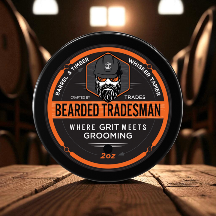 Round grooming balm tin with orange-and-black label and bearded man logo