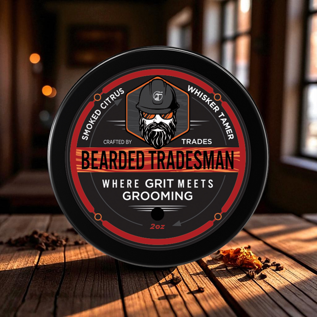 Bearded Tradesman beard whisker tamer balm tin, front label facing forward
