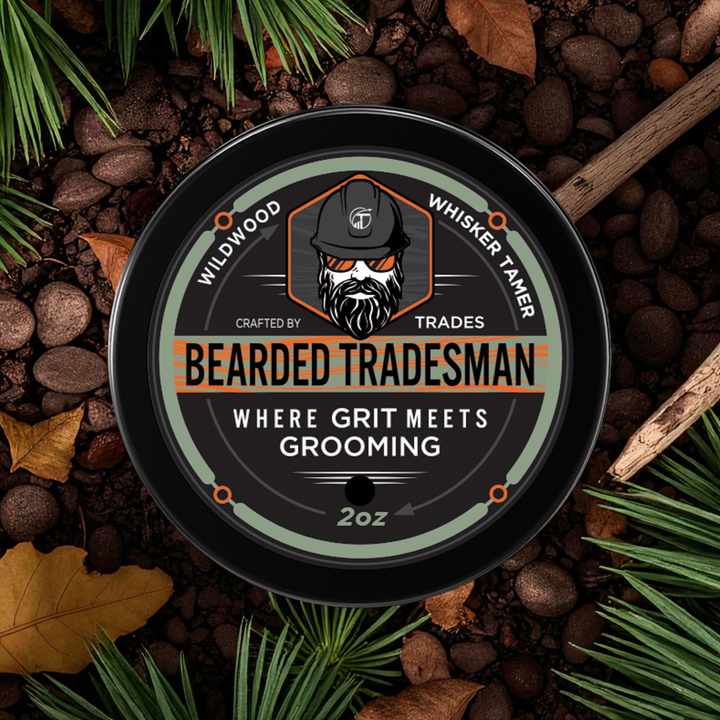 Bearded Tradesman whisker tamer balm tin with front logo and 2 oz marking