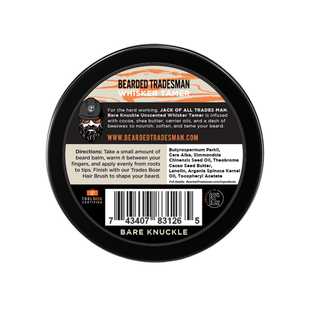Beard whisker tamer balm in black tin, back label with directions and barcode