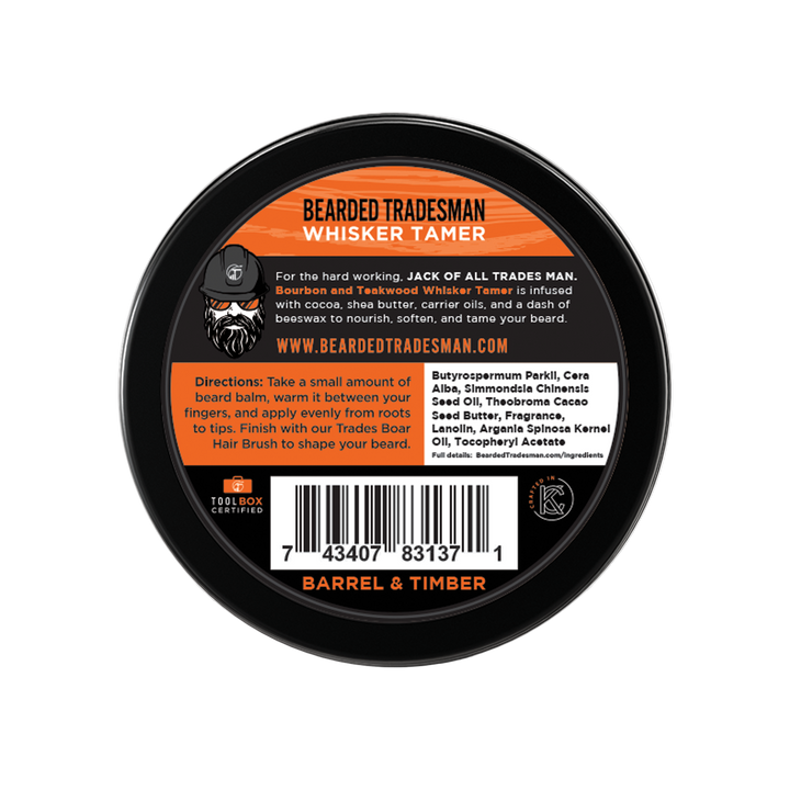 Round grooming balm tin back label with barcode and directions, black and orange