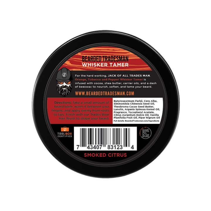 Bearded Tradesman beard whisker tamer balm tin back with barcode and directions