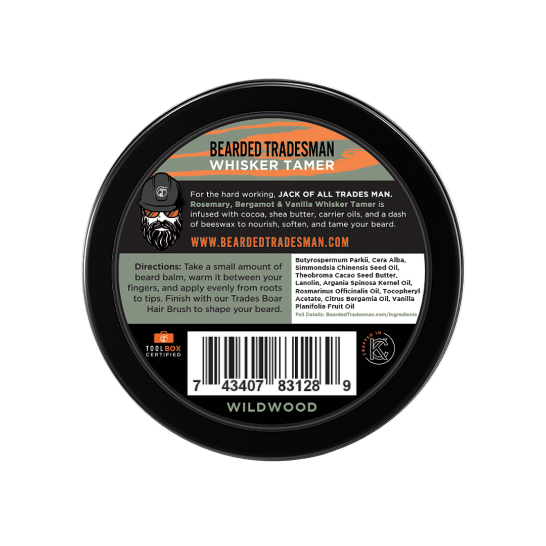 Bearded Tradesman whisker tamer balm tin back label with barcode and directions