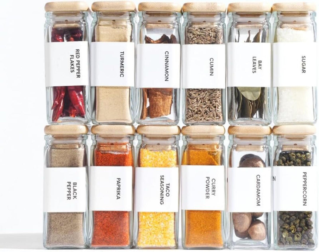 12-Piece Square Glass Spice Jars w/ Airtight Bamboo Lids