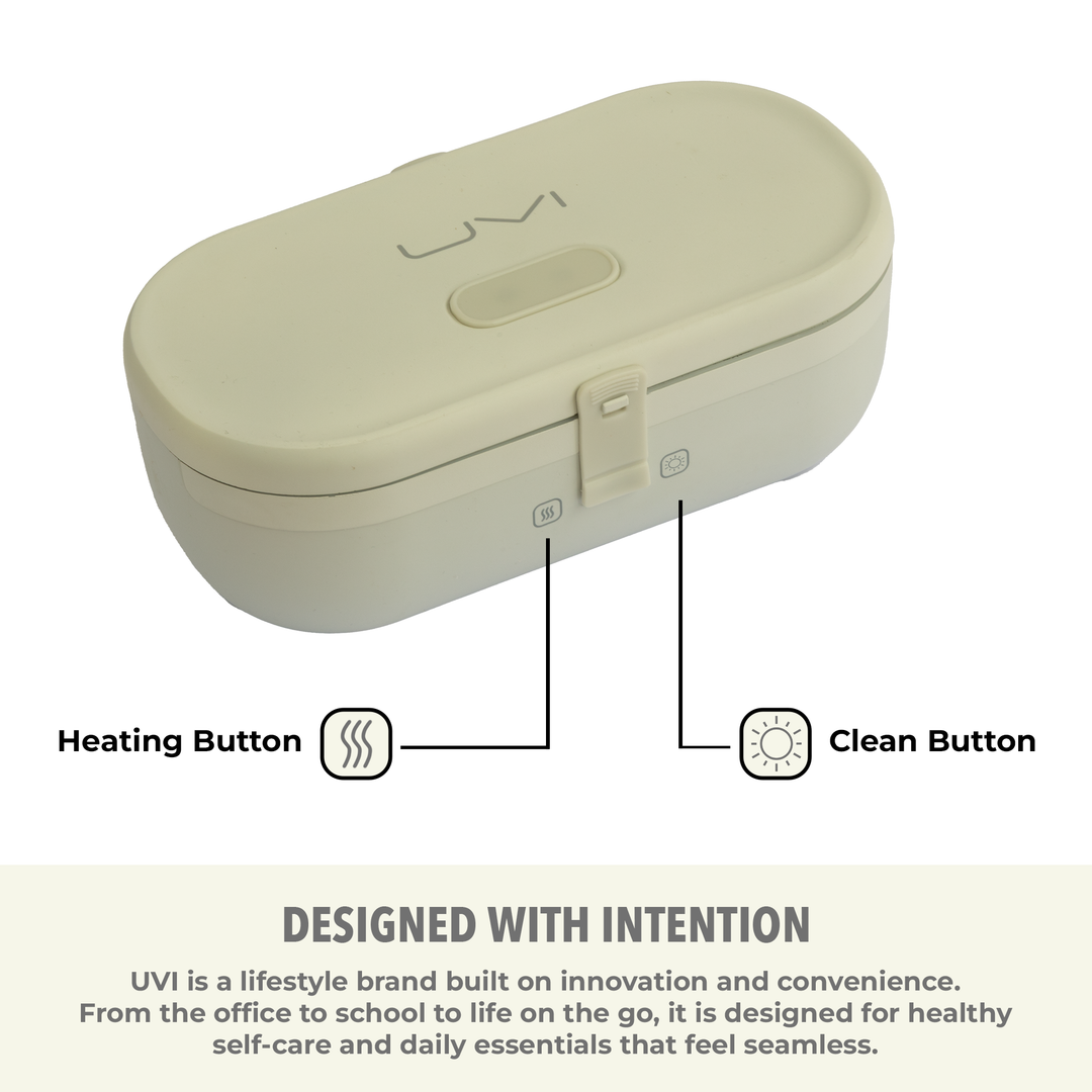 Cream self-heating lunch box lid with control buttons and front heating switch.