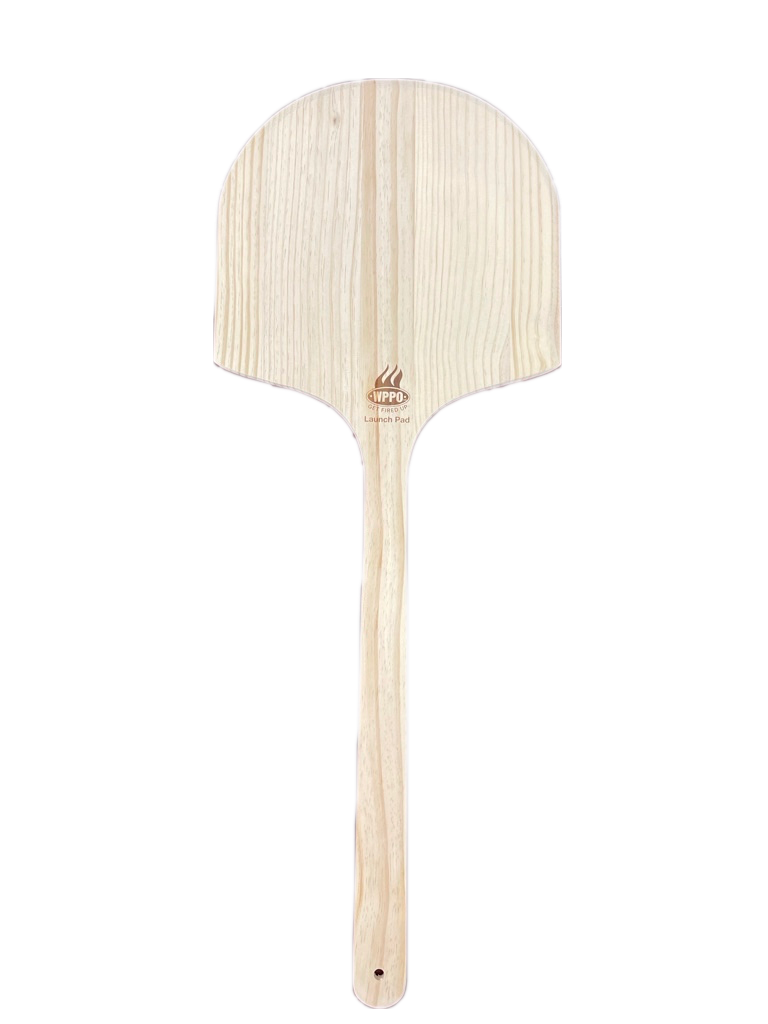 Light wood long-handled pizza peel with semicircle head and narrow handle