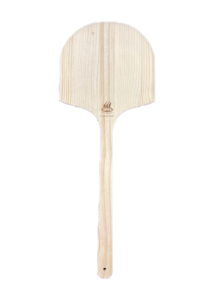 Light wood long-handled pizza peel with semicircle head and narrow handle
