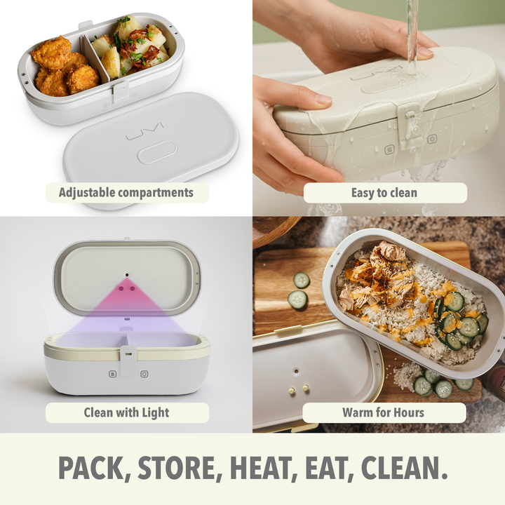 Self-heating lunch box showing compartments, cleaning light, and warm-for-hours indicator icons.