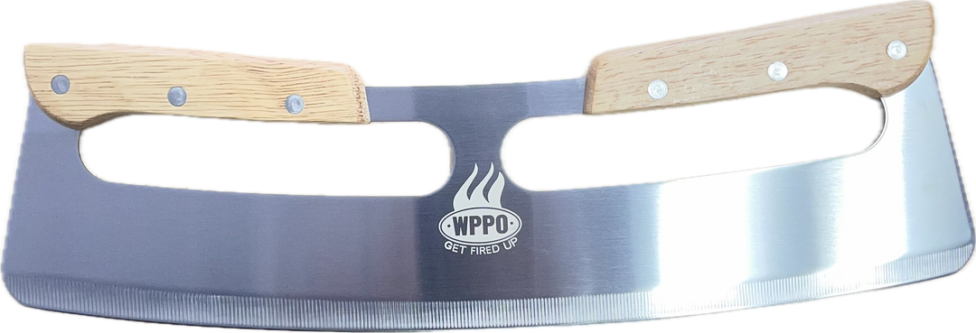 Rocker pizza cutter with wooden handle and blade cover, stainless steel rocker