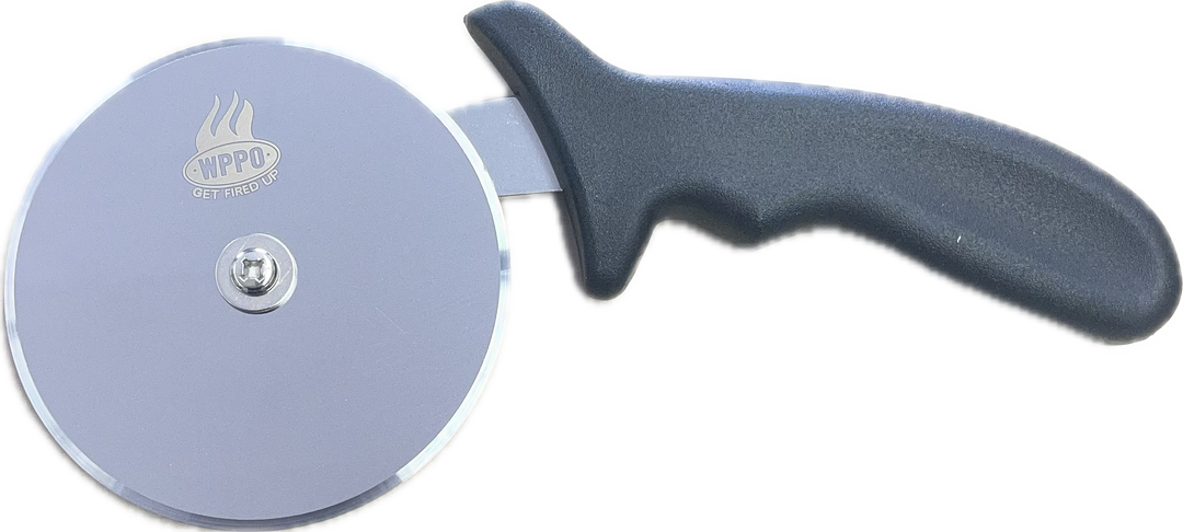 Pizza cutter with round stainless blade and gray plastic handle