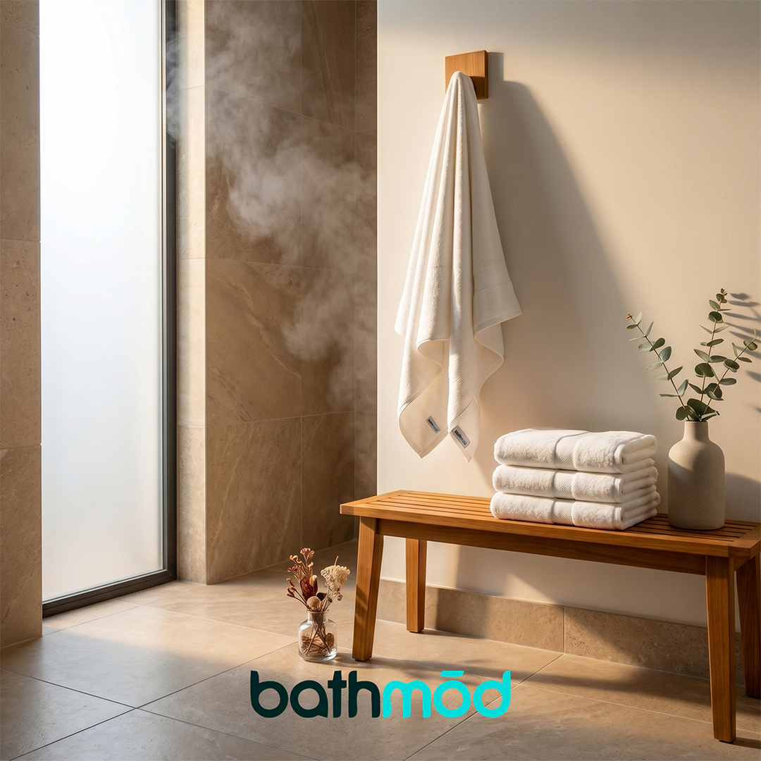White bath towels stacked on a wooden bench and one towel hanging on the wall hook.