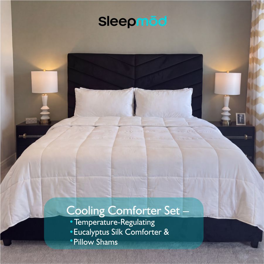 White duvet comforter with two matching pillow shams on a bed
