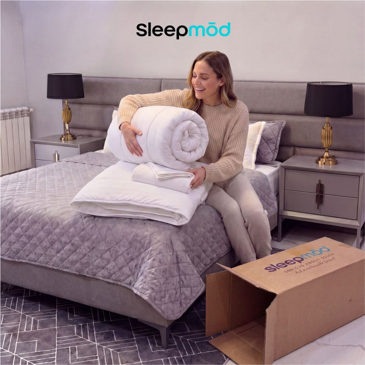White cooling comforter with matching pillow shams, bundled and ready to use
