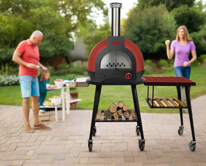 Outdoor pizza grill stand with red tiled top, side shelves, and wheeled base