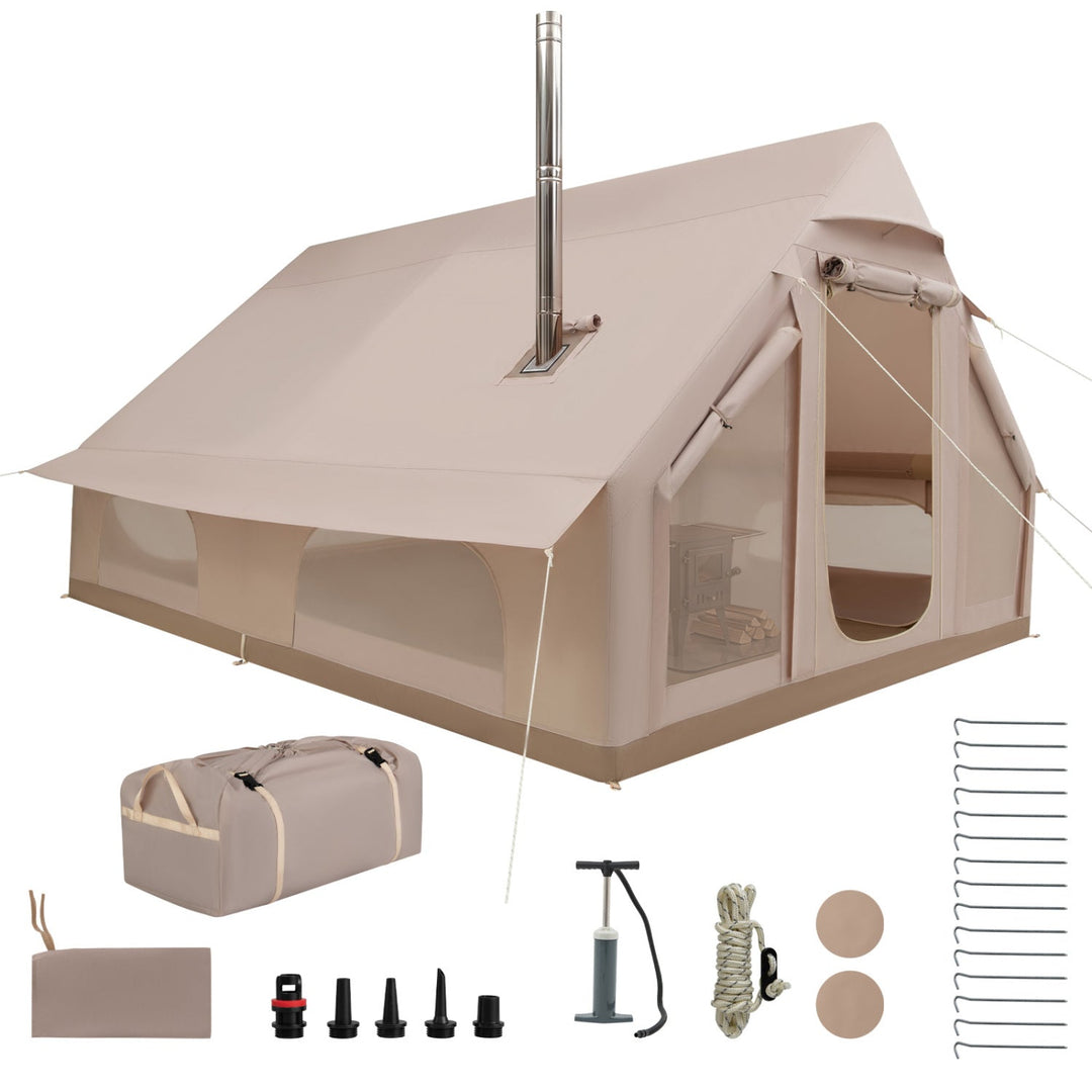 Beige inflatable camping tent with stove jack, windows, and door panels