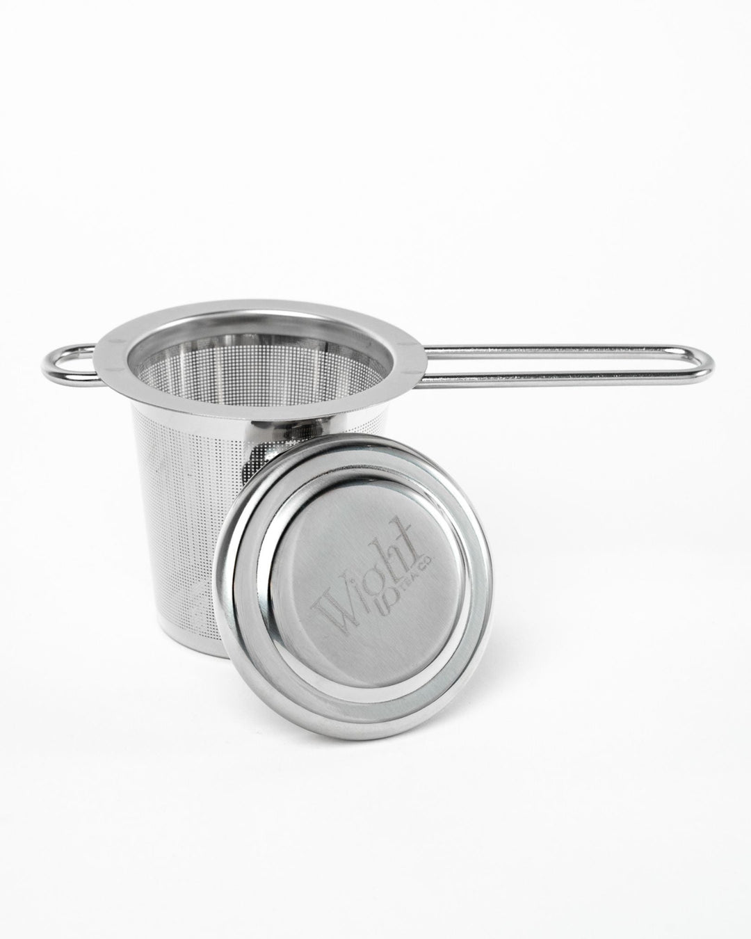 Stainless steel tea infuser basket with mesh and matching lid, long handle