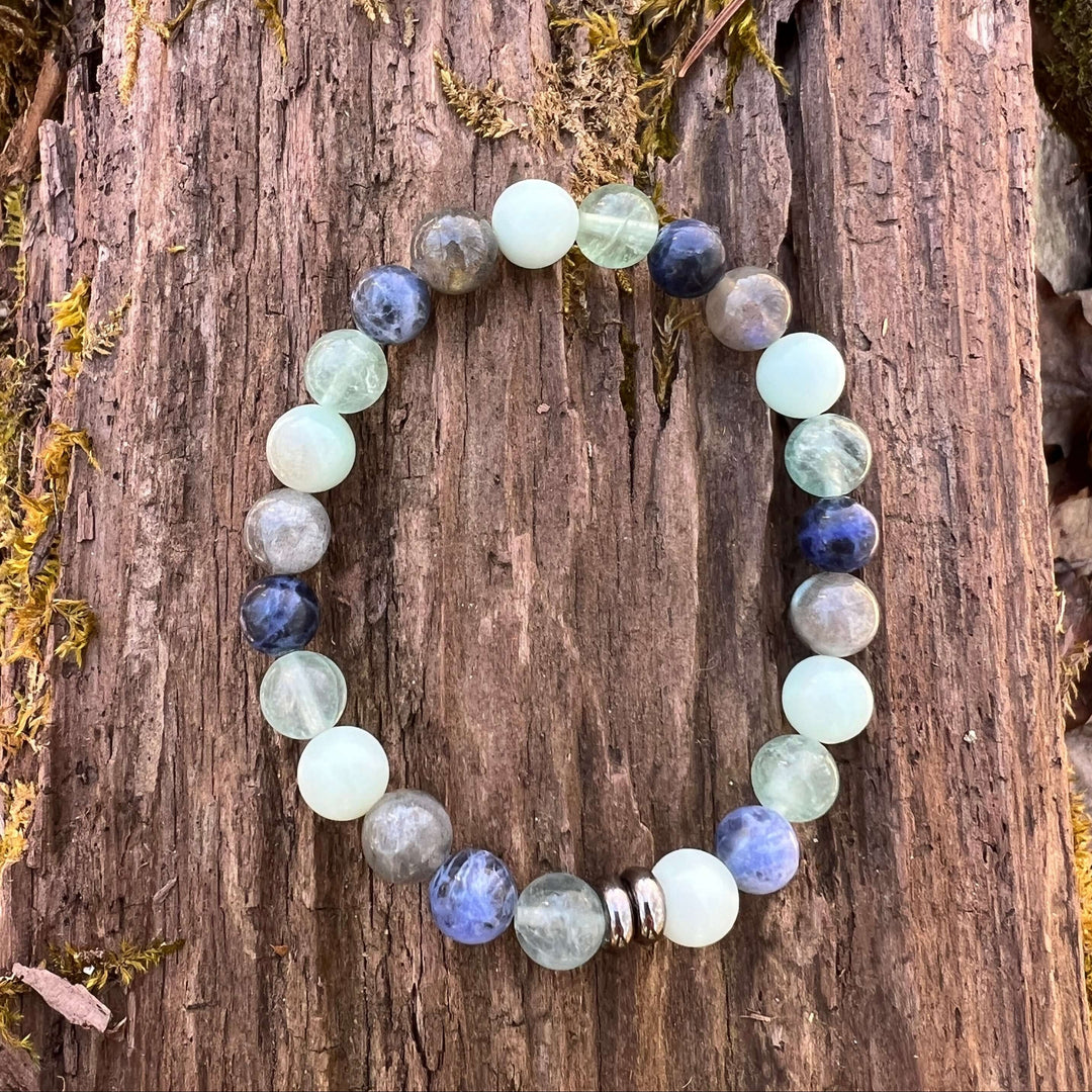Intuition &amp; Insight Vibes bracelet with round blue, green, and gray beads and metal spacers