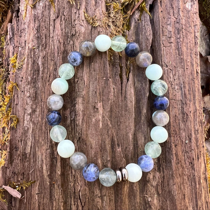 Intuition &amp; Insight Vibes bracelet with round blue, green, and gray beads and metal spacers